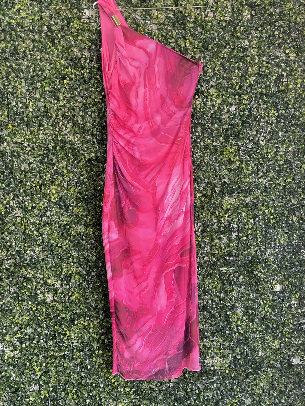 Miss Moi Fuchsia Marble Print One-Shoulder Maxi Dress — back