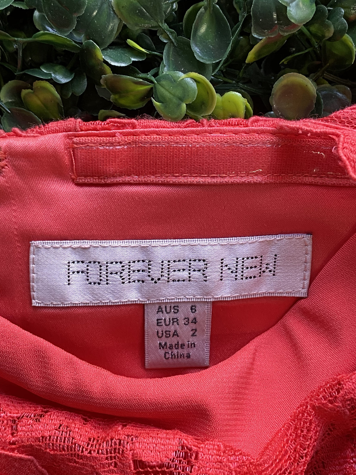 Forever New Coral Lace Midi Dress with Cutout Back — brand