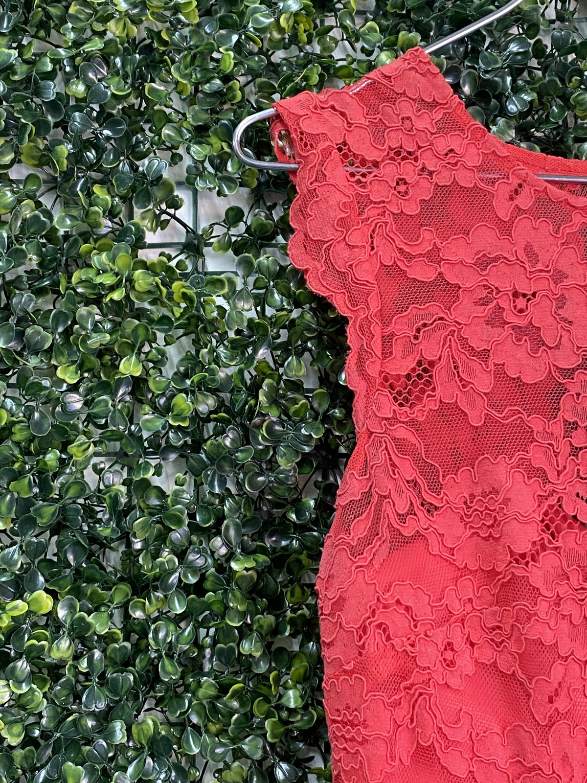 Forever New Coral Lace Midi Dress with Cutout Back — detail