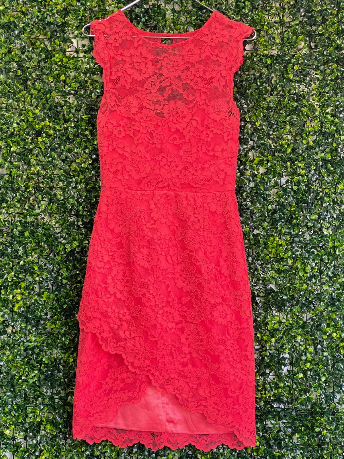 Forever New Coral Lace Midi Dress with Cutout Back — front