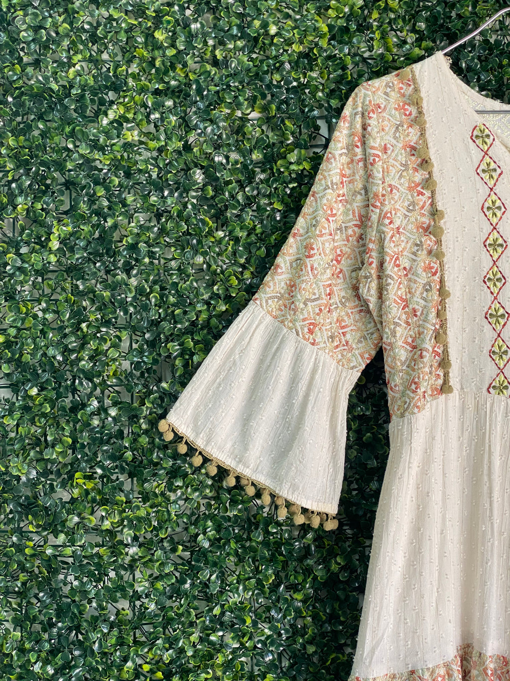 Cream Embroidered Bell-Sleeve Boho Dress — detail