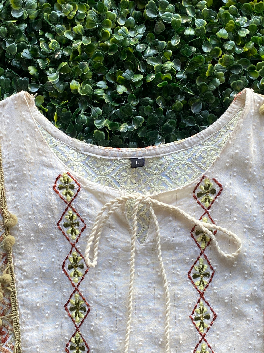 Cream Embroidered Bell-Sleeve Boho Dress — detail