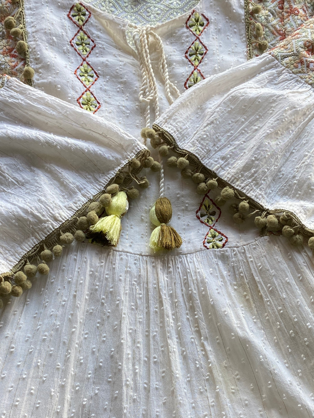 Cream Embroidered Bell-Sleeve Boho Dress — detail