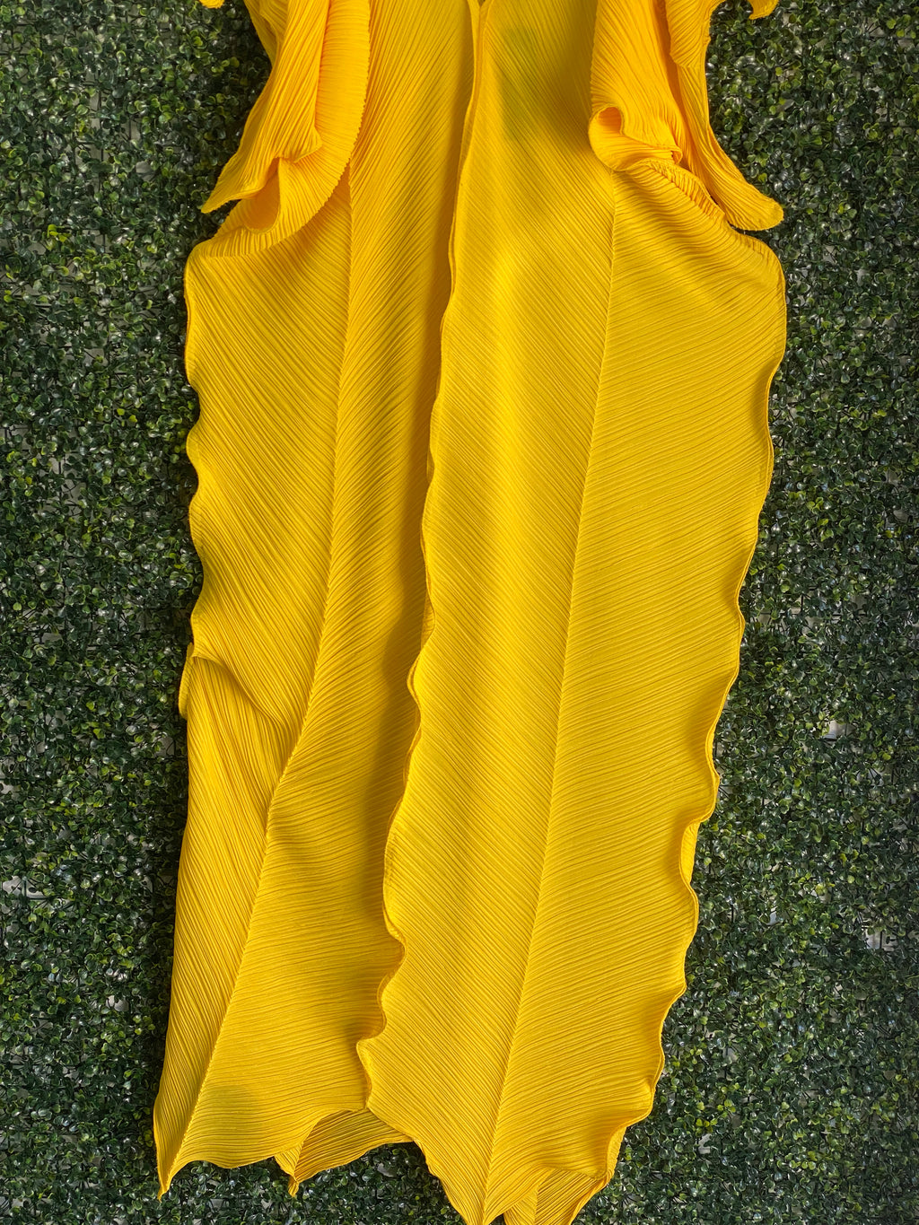Candy Box Mustard Yellow Pleated Kaftan Maxi Dress — detail