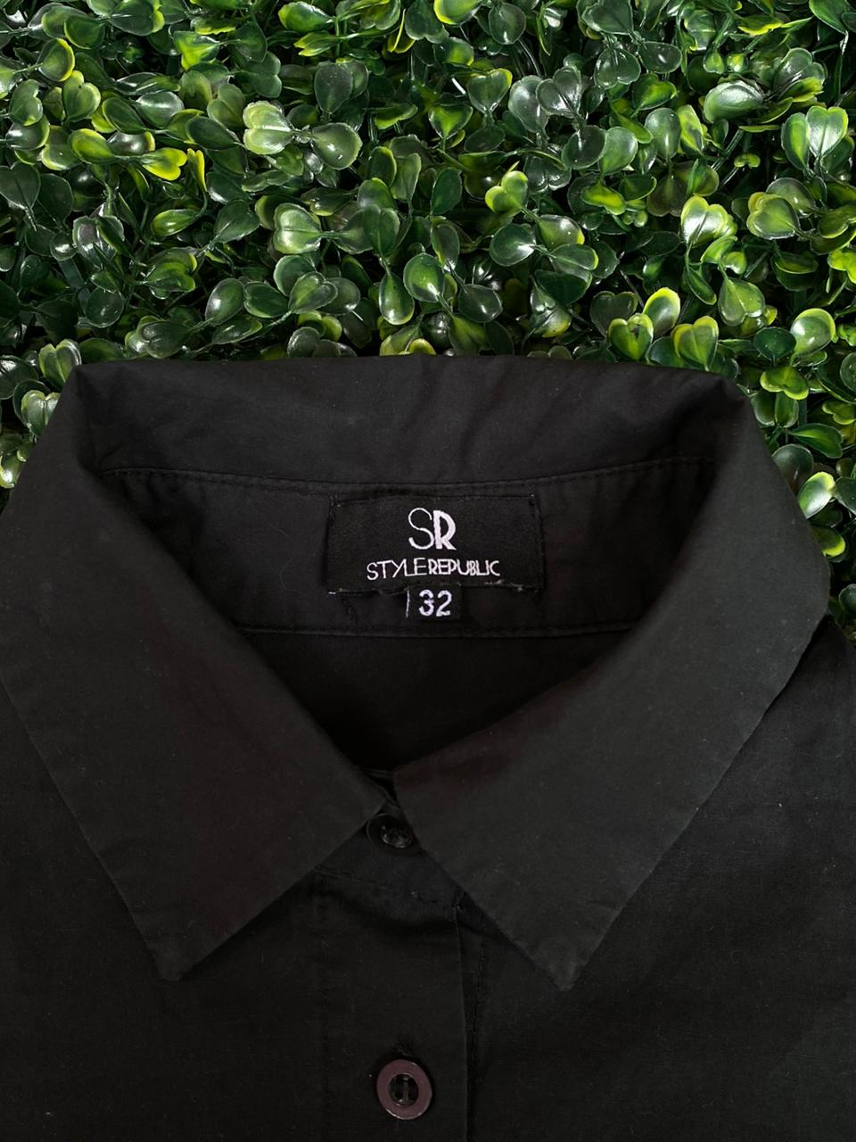 Black Metal Lace-Up Detail Button Shirt