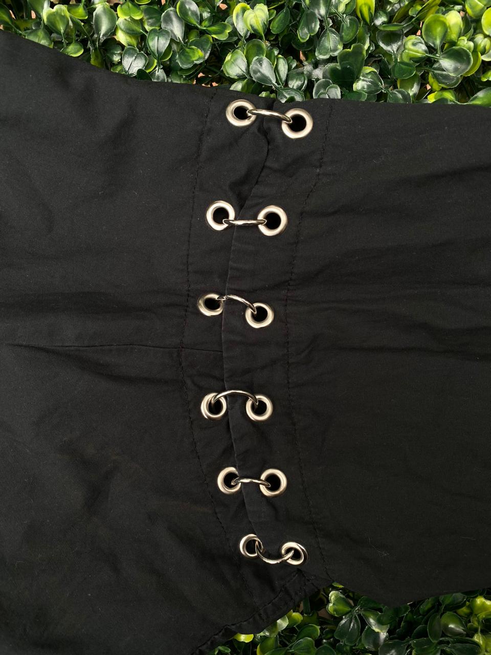 Black Metal Lace-Up Detail Button Shirt
