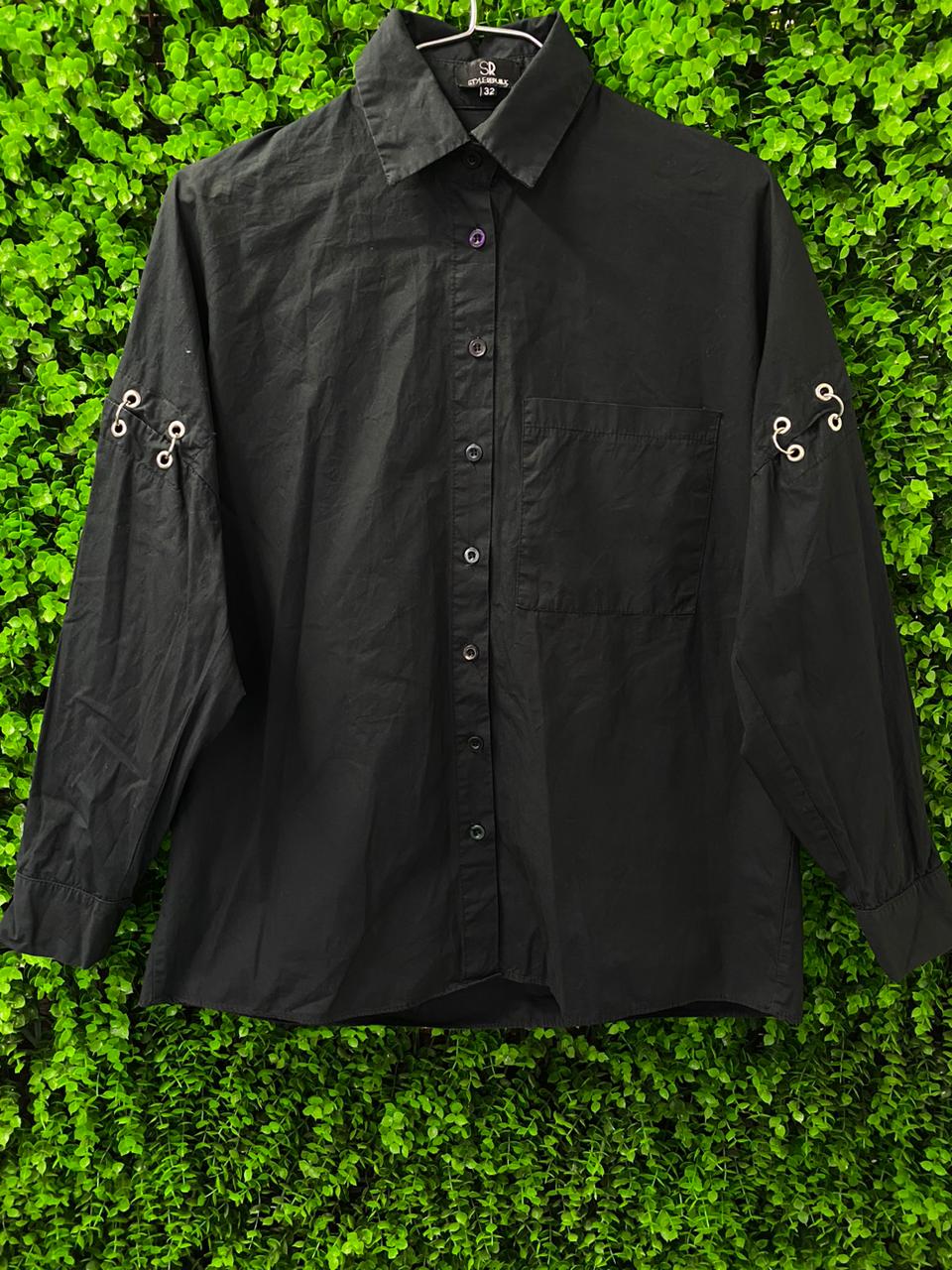 Black Metal Lace-Up Detail Button Shirt
