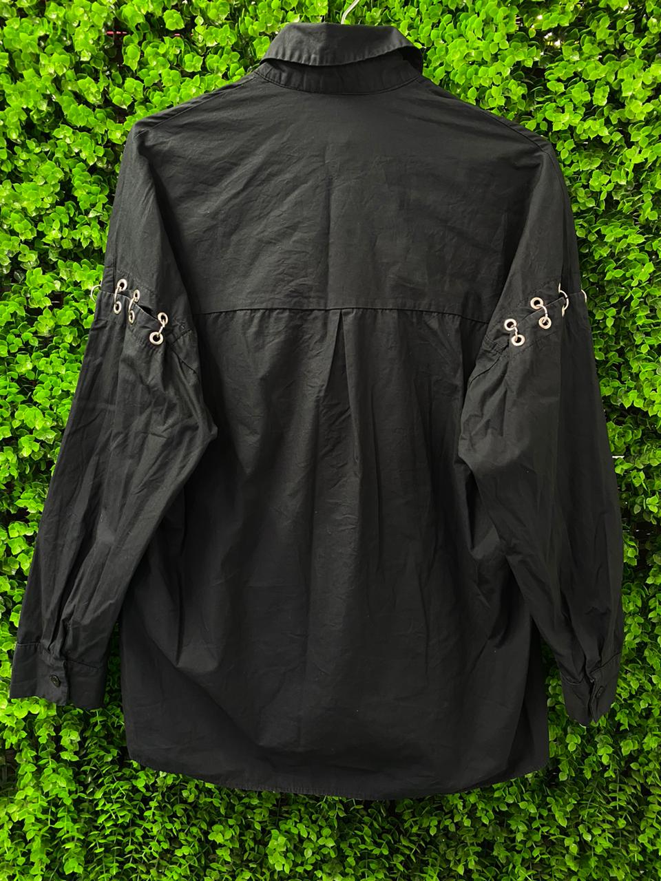 Black Metal Lace-Up Detail Button Shirt