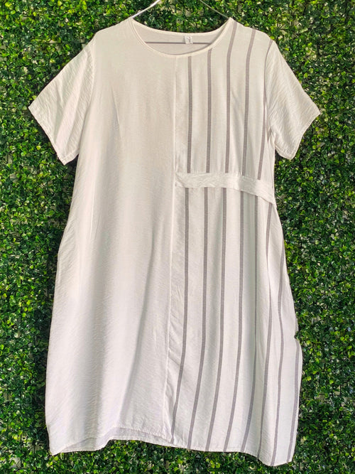 White Grey Stripe Belted T-Shirt Dress — front