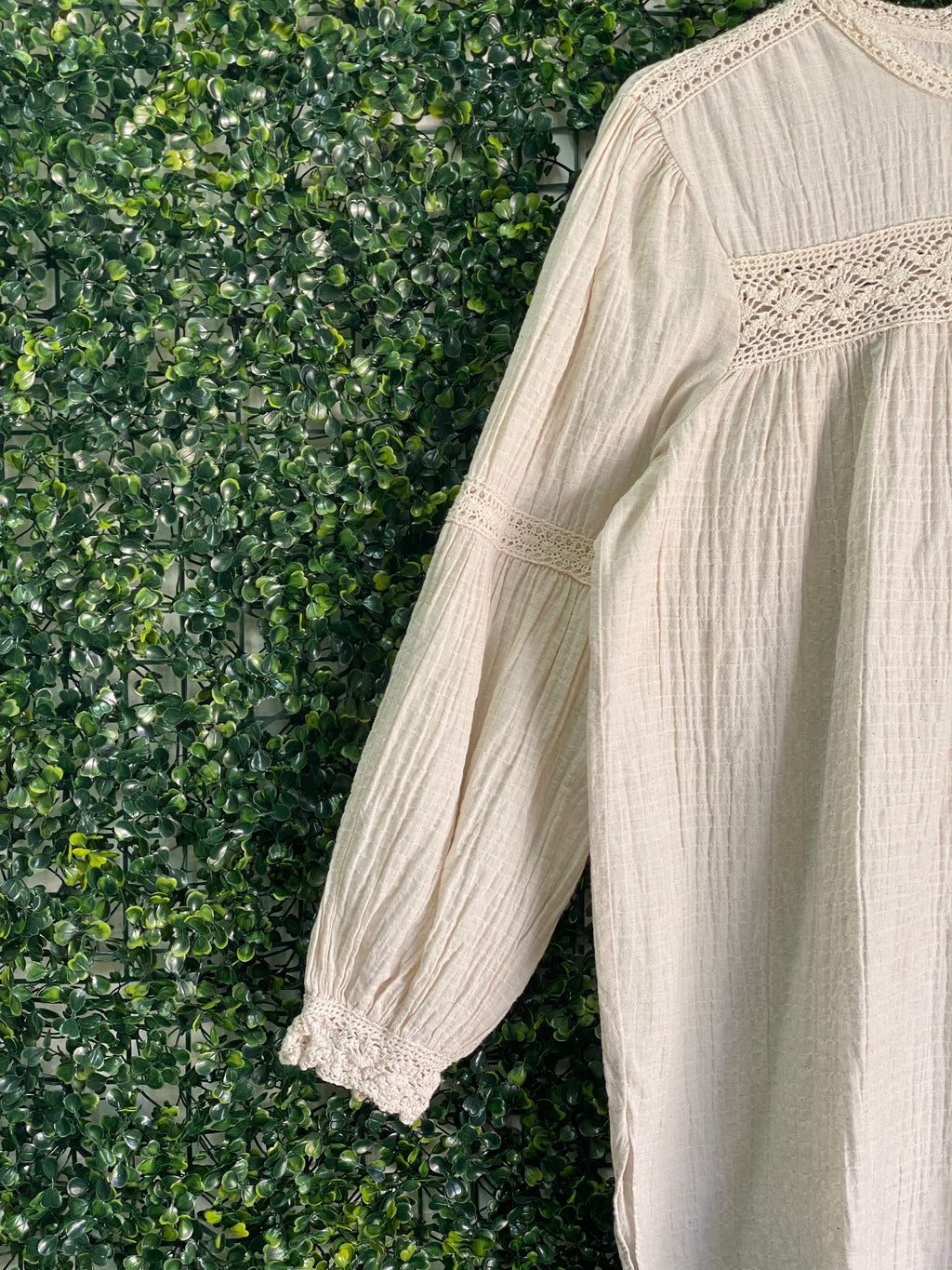 Zara Cream Cotton-Linen Crochet Trim Smock Dress — detail
