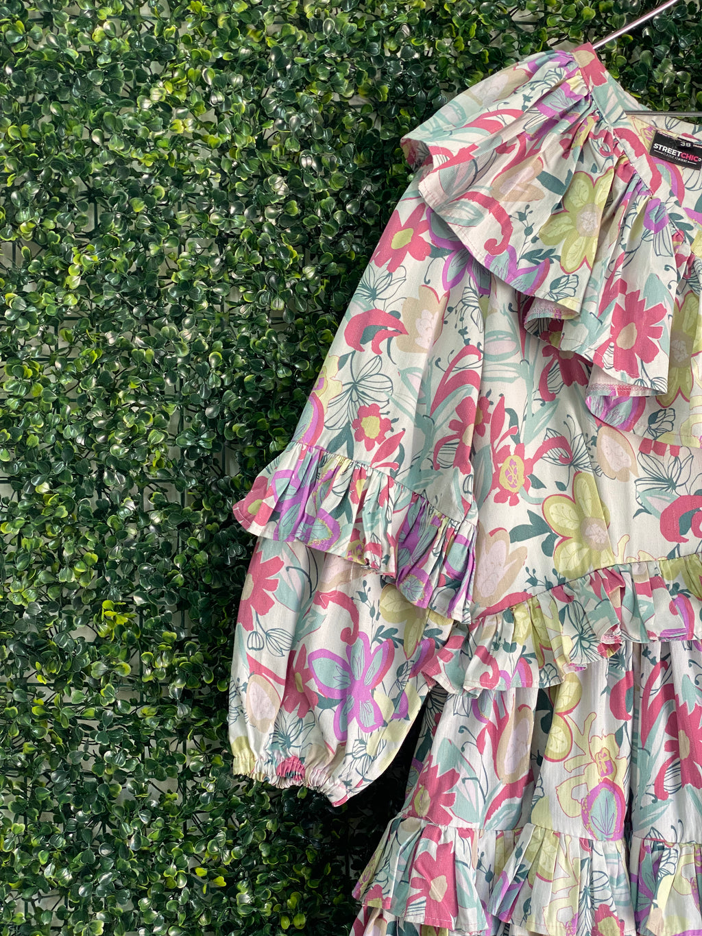 Street Chic Pastel Floral Ruffle Lace-Up Dress — detail
