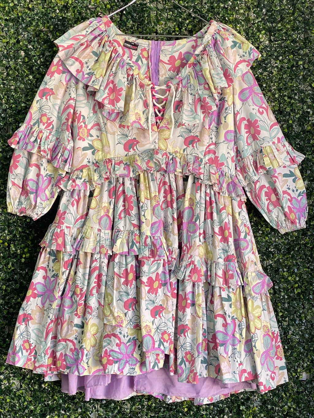 Street Chic Pastel Floral Ruffle Lace-Up Dress — front