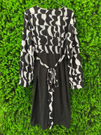Monochrome Wrap-Style Midi Dress