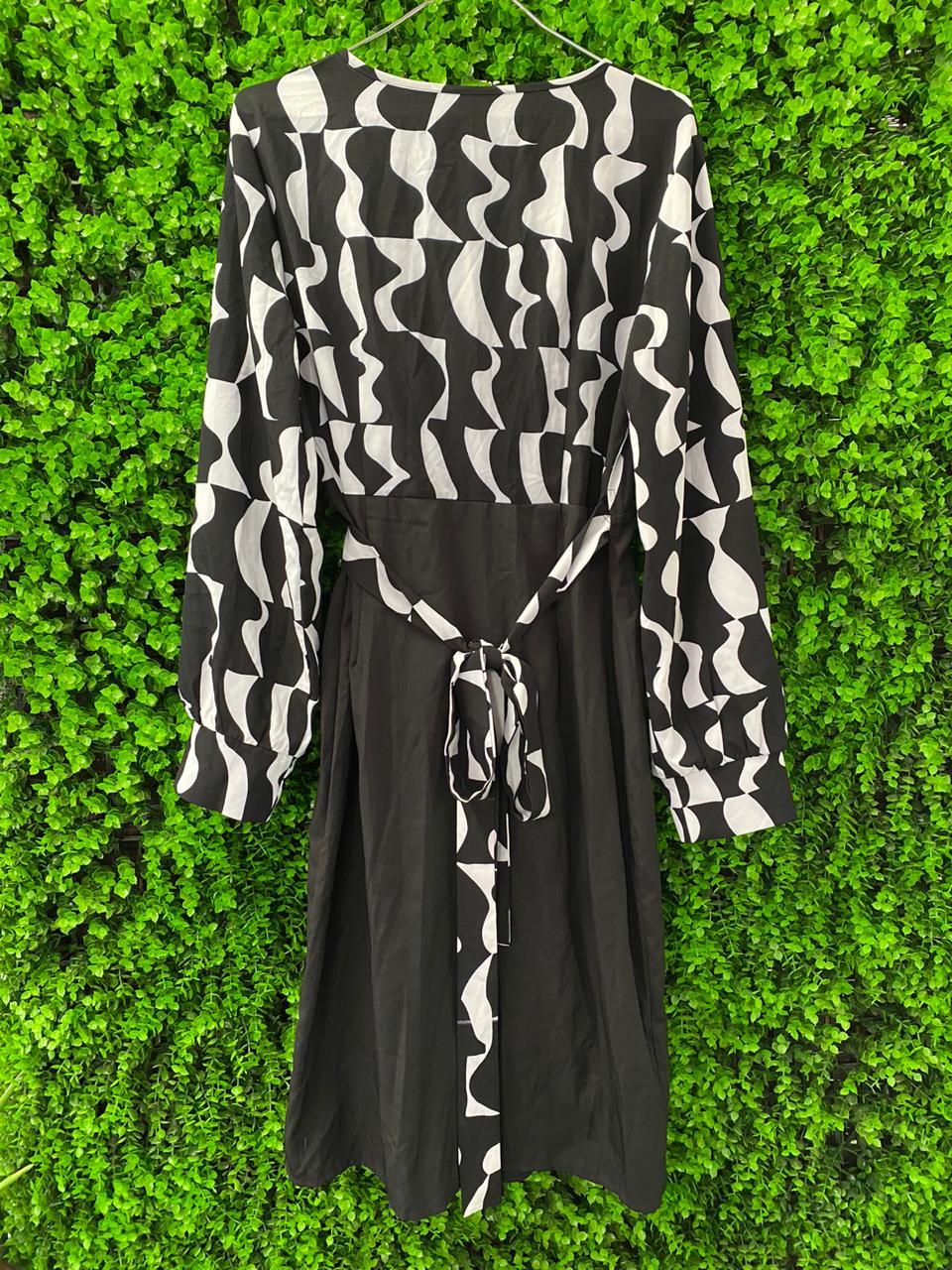 Monochrome Wrap-Style Midi Dress