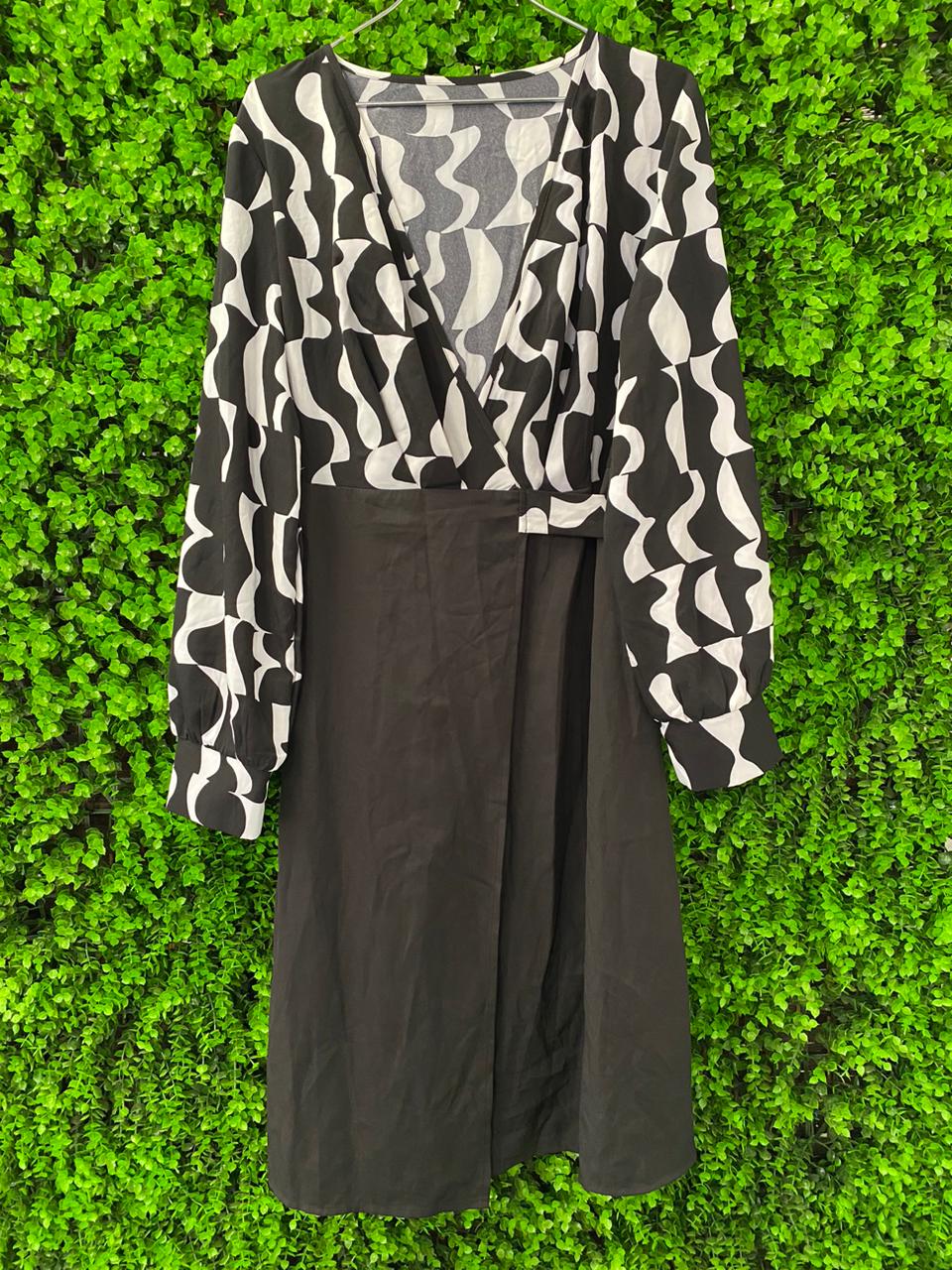 Monochrome Wrap-Style Midi Dress