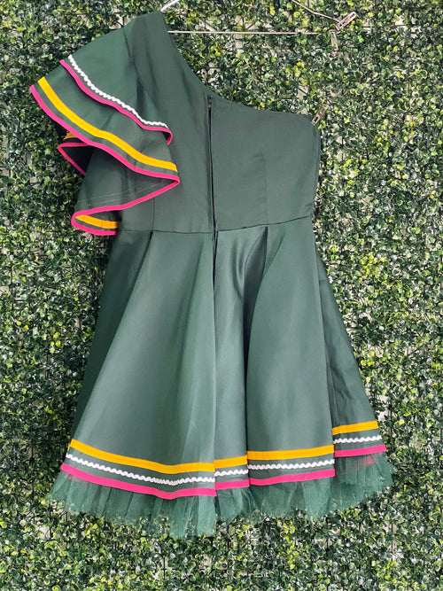 Forest Green Ruffle-Trim Fit-and-Flare Dress — back