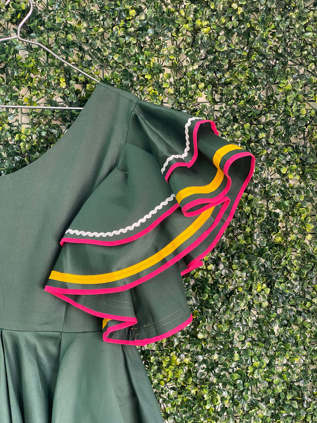 Forest Green Ruffle-Trim Fit-and-Flare Dress — detail