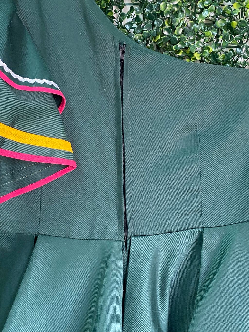Forest Green Ruffle-Trim Fit-and-Flare Dress — detail
