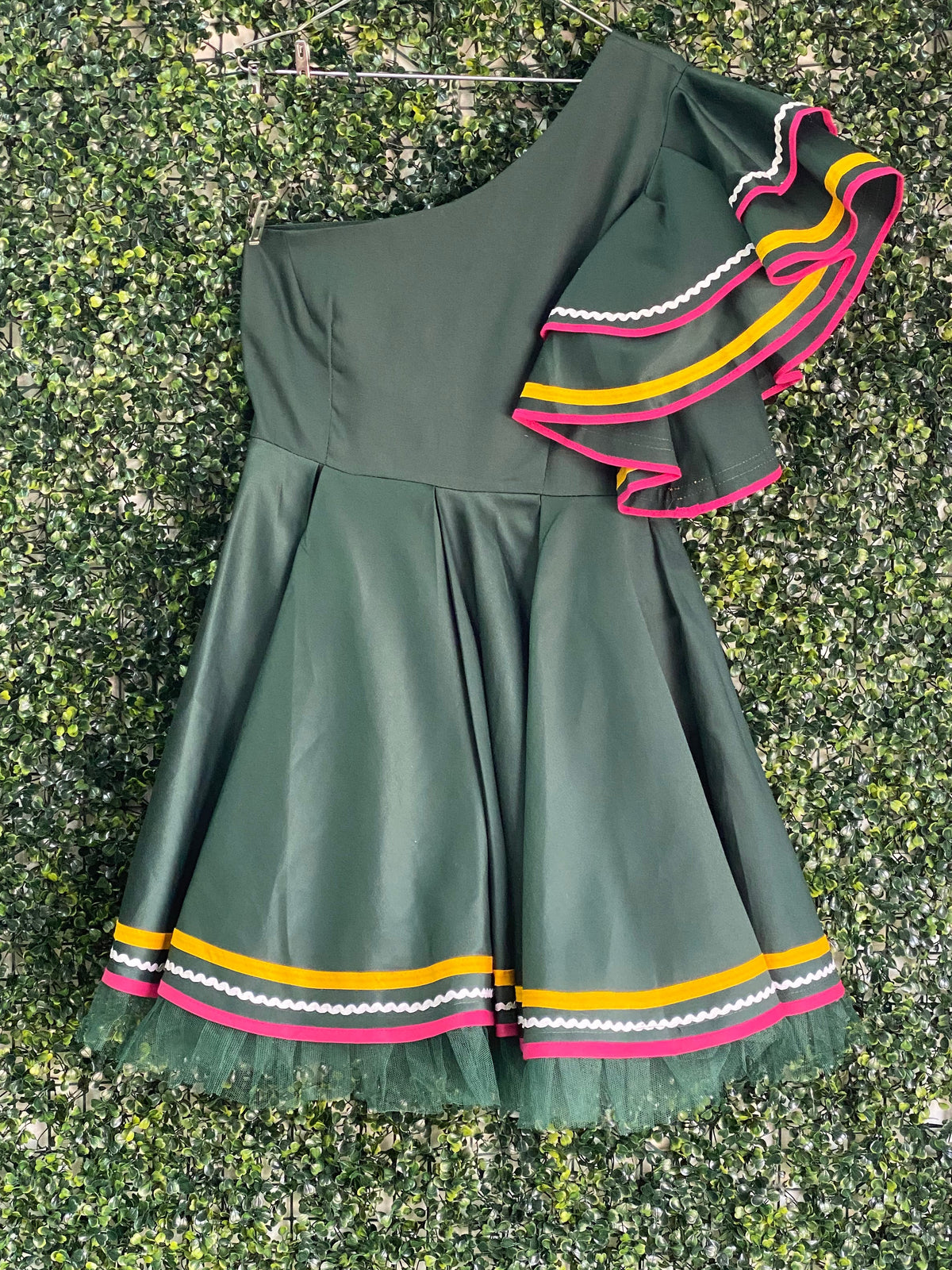 Forest Green Ruffle-Trim Fit-and-Flare Dress — front