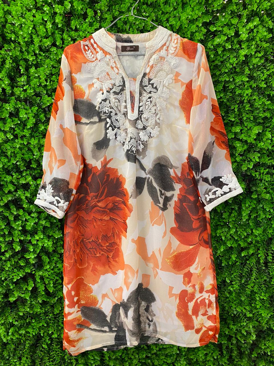 Orange Floral Embroidered Tunic Dress