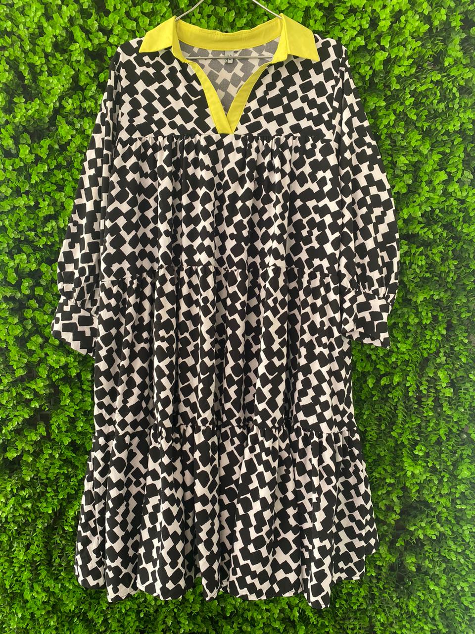 Monochrome Geo Print Tiered Dress