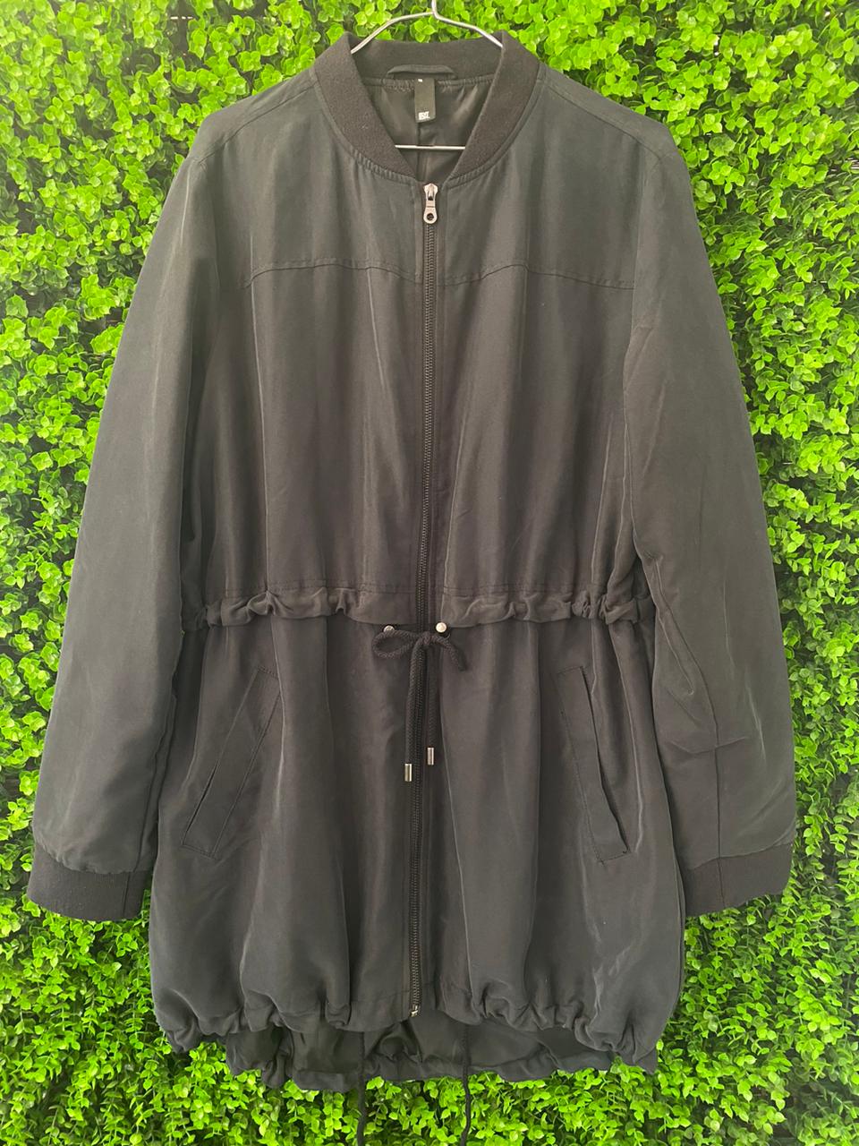 Black Drawstring Waist Bomber Jacket with Pockets