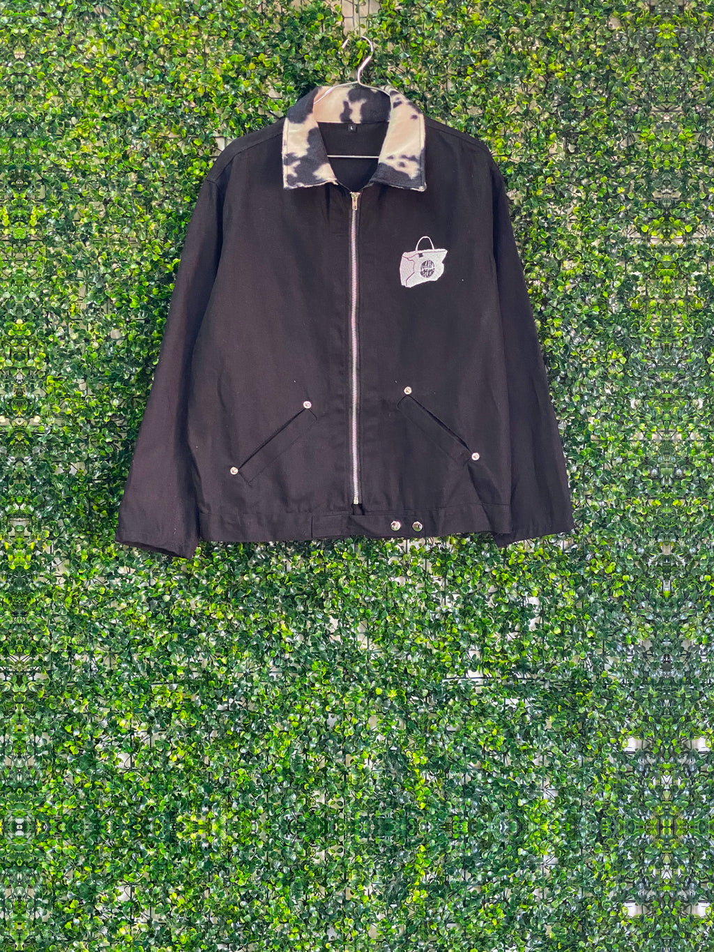 Thrift Rotate Black Cow-Print Collar Zip Jacket — front