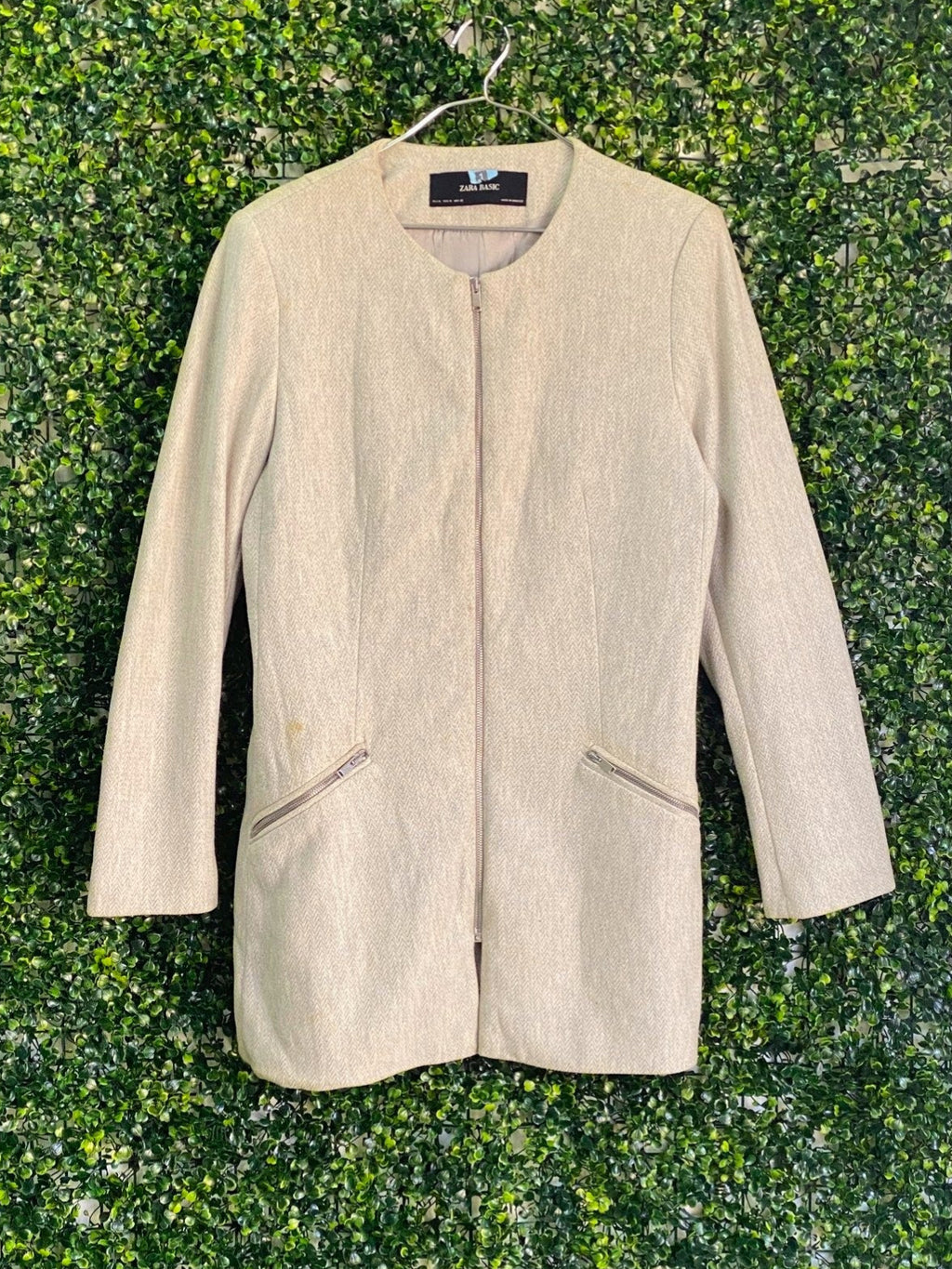Zara Basic Cream Collarless Longline Jacket — front