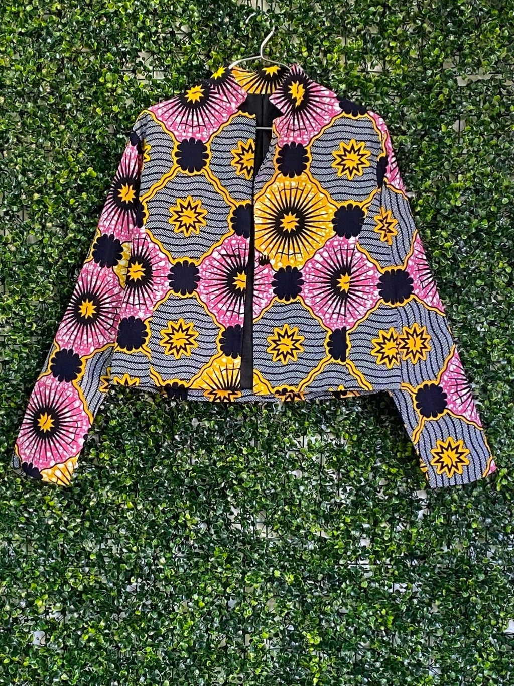 Pink Yellow & Navy African Print Cropped Jacket — front