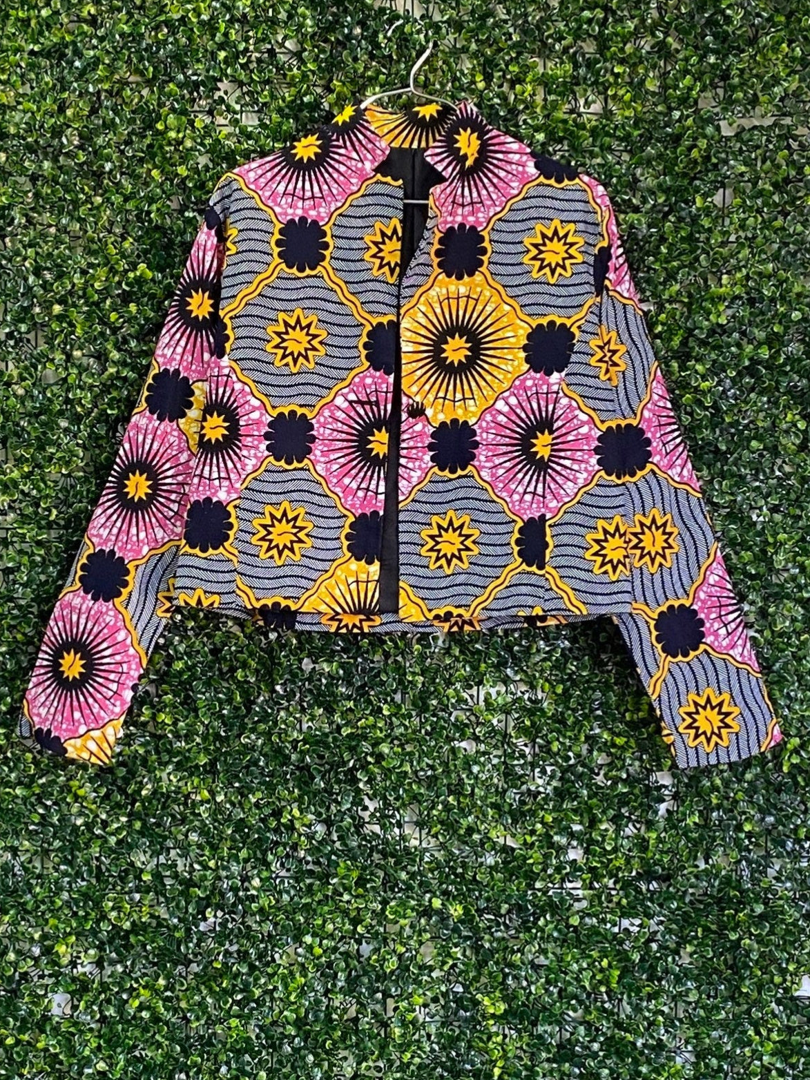 Pink Yellow & Navy African Print Cropped Jacket — front