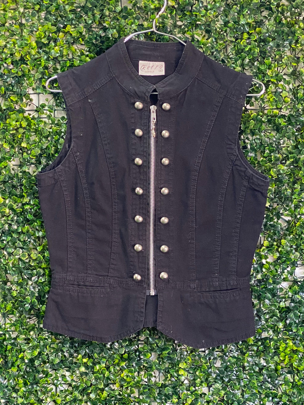 Black Pearl-Stud Zip Front Sleeveless Vest — front