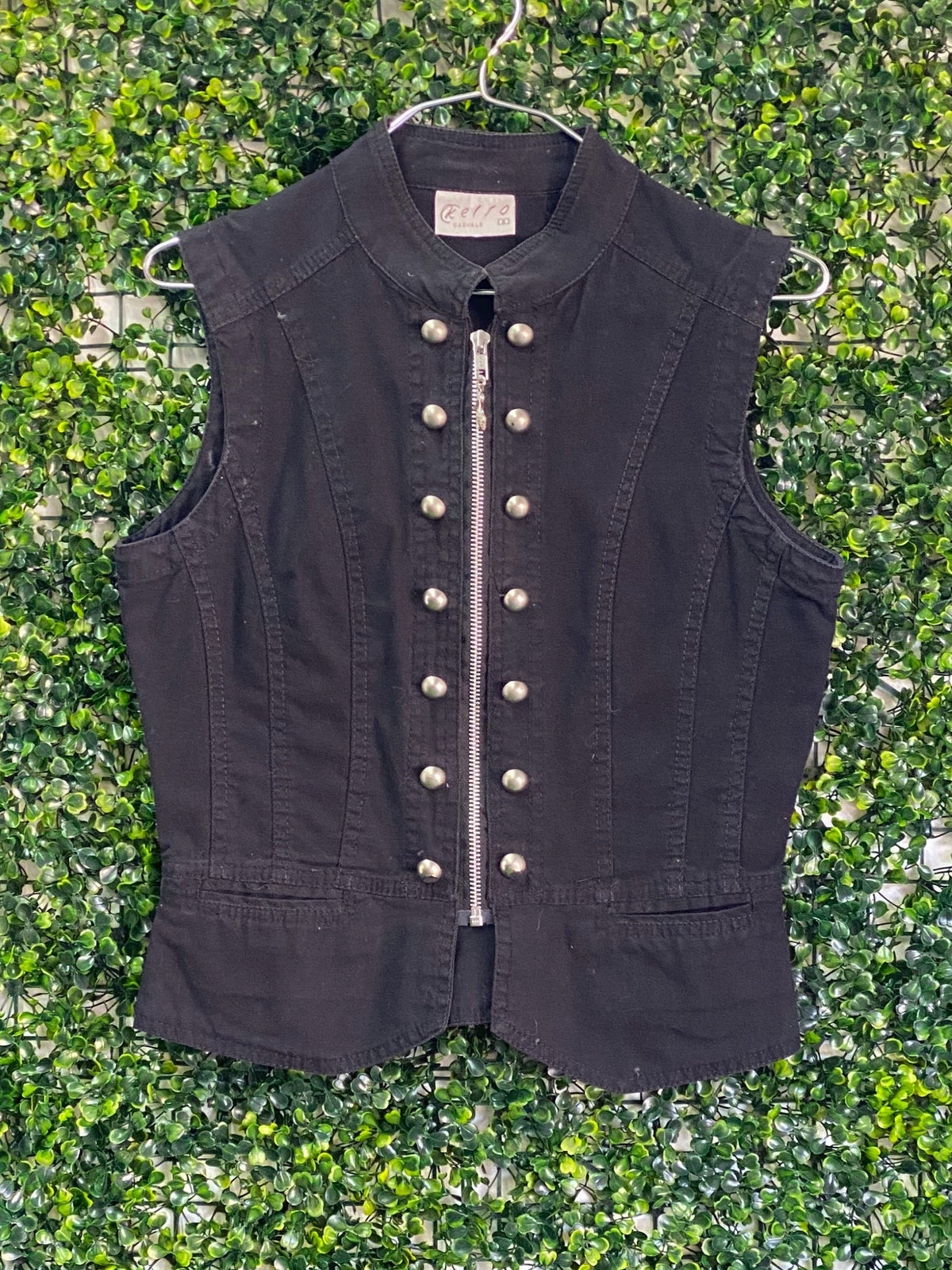 Black Pearl-Stud Zip Front Sleeveless Vest — front