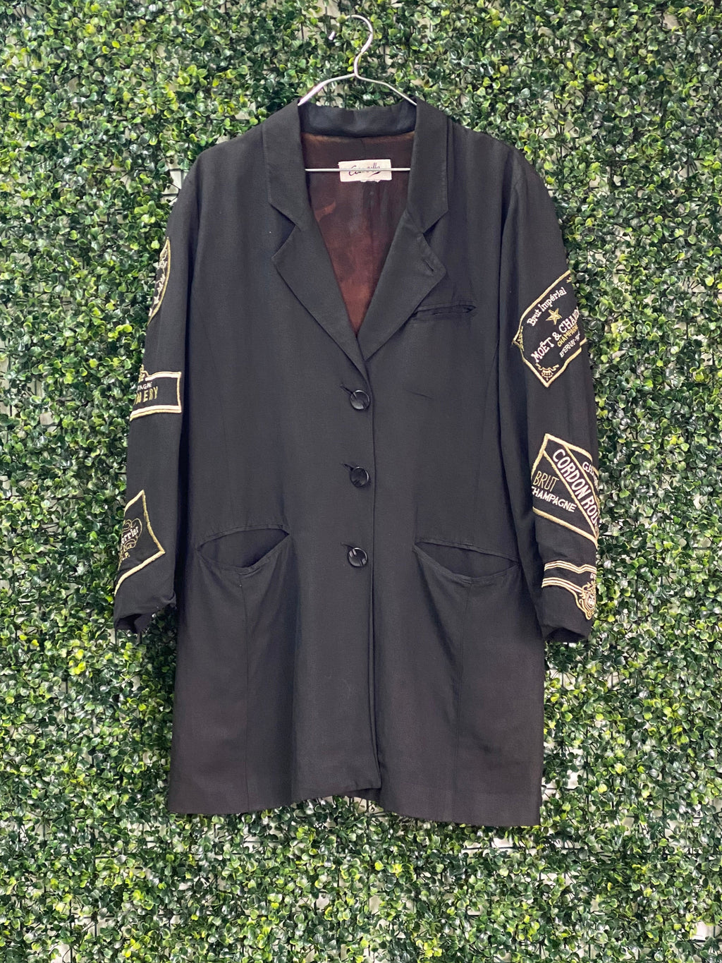 Cornelle Black Longline Blazer with Champagne Patch Sleeves — front