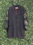 Cornelle Black Longline Blazer with Champagne Patch Sleeves — front