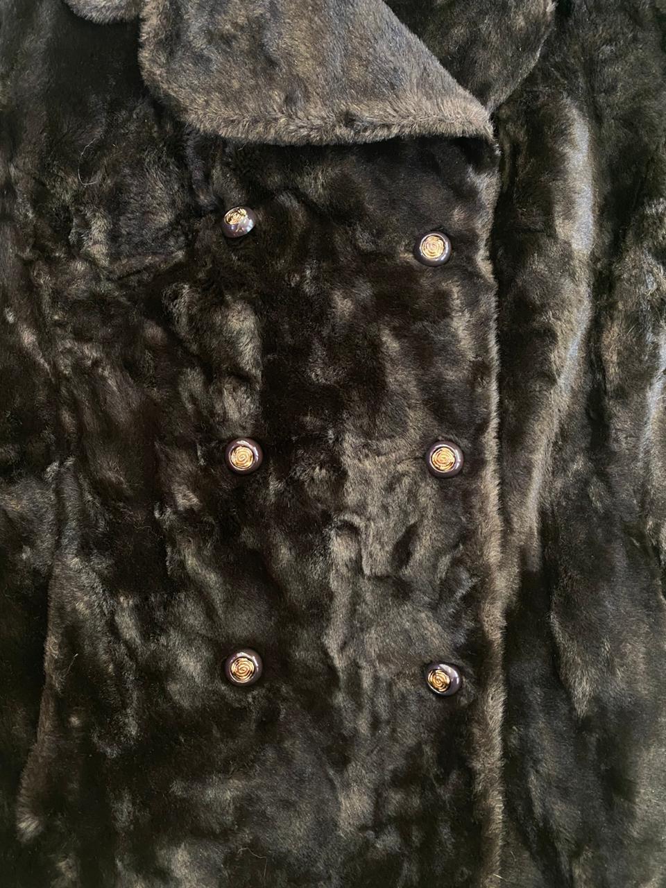 Black Faux Fur Double-Breasted Jacket with Belt Detail