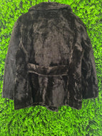Black Faux Fur Double-Breasted Jacket with Belt Detail