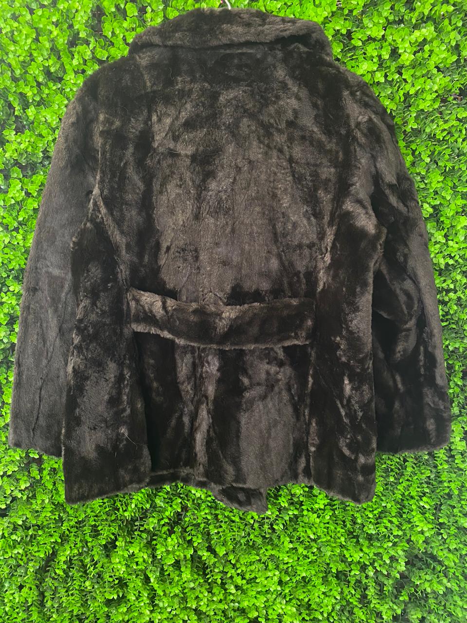 Black Faux Fur Double-Breasted Jacket with Belt Detail