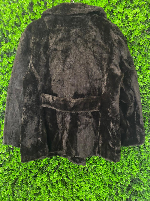 Black Faux Fur Double-Breasted Jacket with Belt Detail