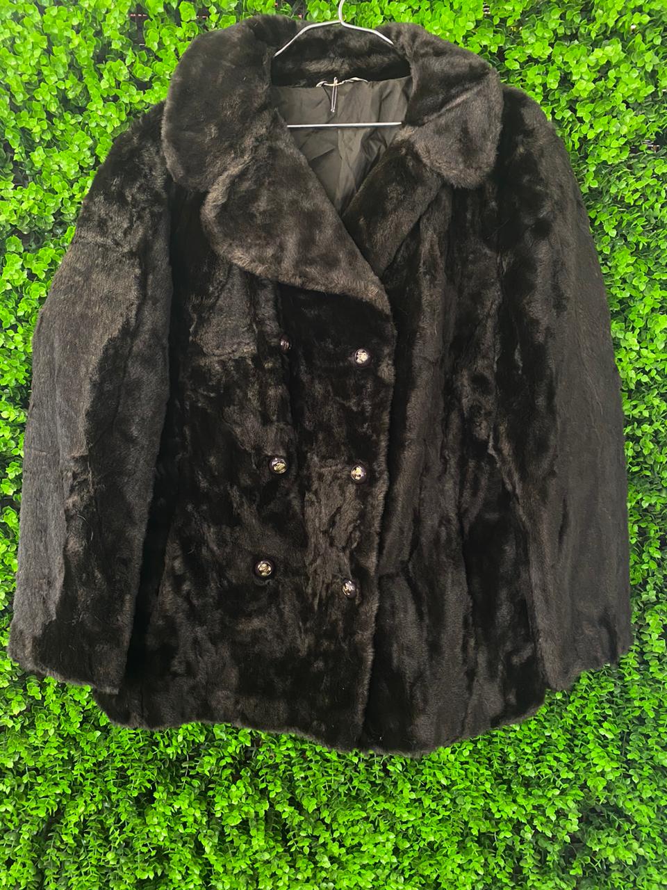 Black Faux Fur Double-Breasted Jacket with Belt Detail