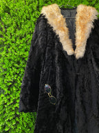 Black Faux Fur Coat with Cream Collar & Pockets
