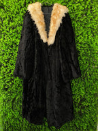 Black Faux Fur Coat with Cream Collar & Pockets
