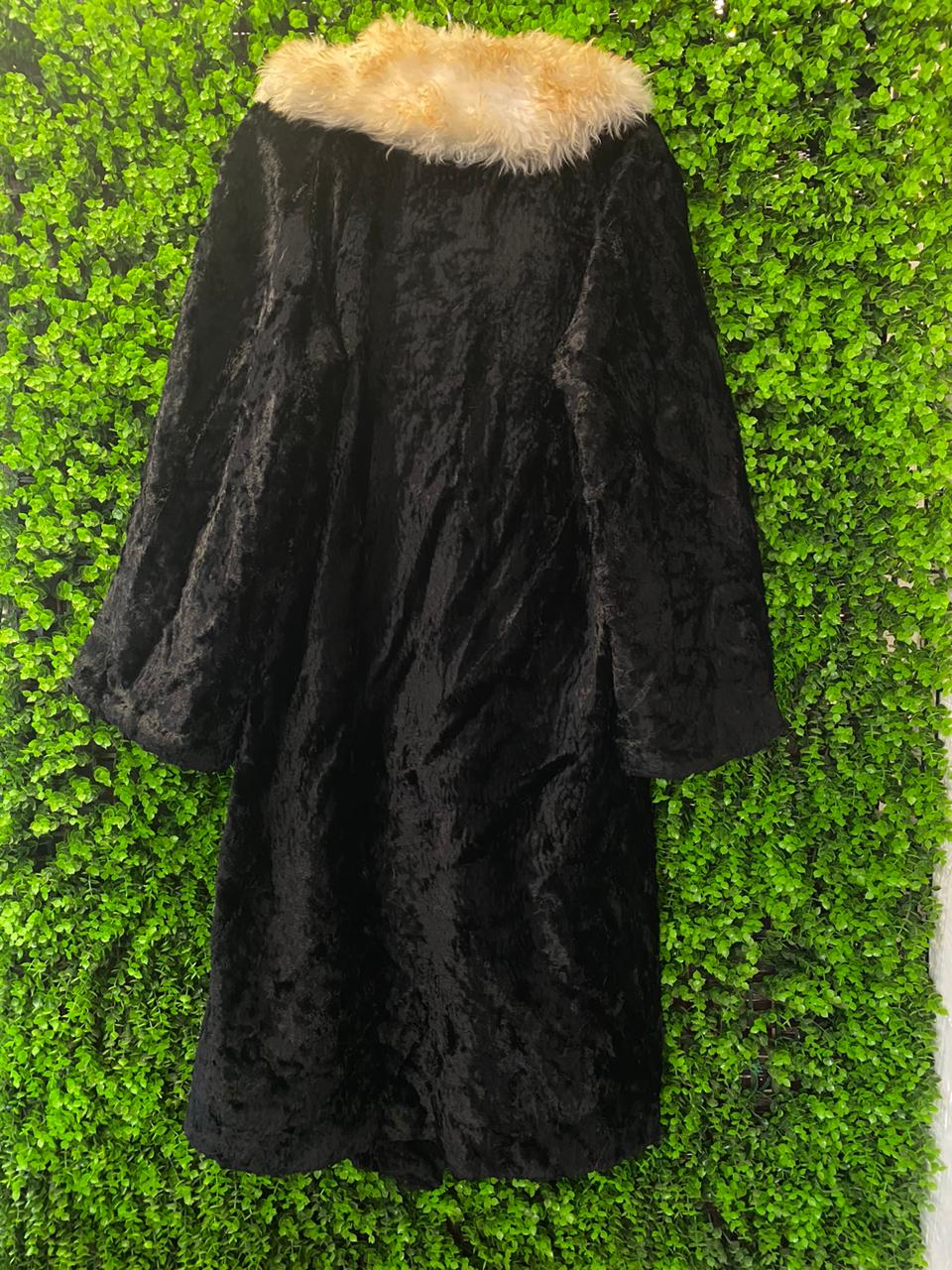 Black Faux Fur Coat with Cream Collar & Pockets