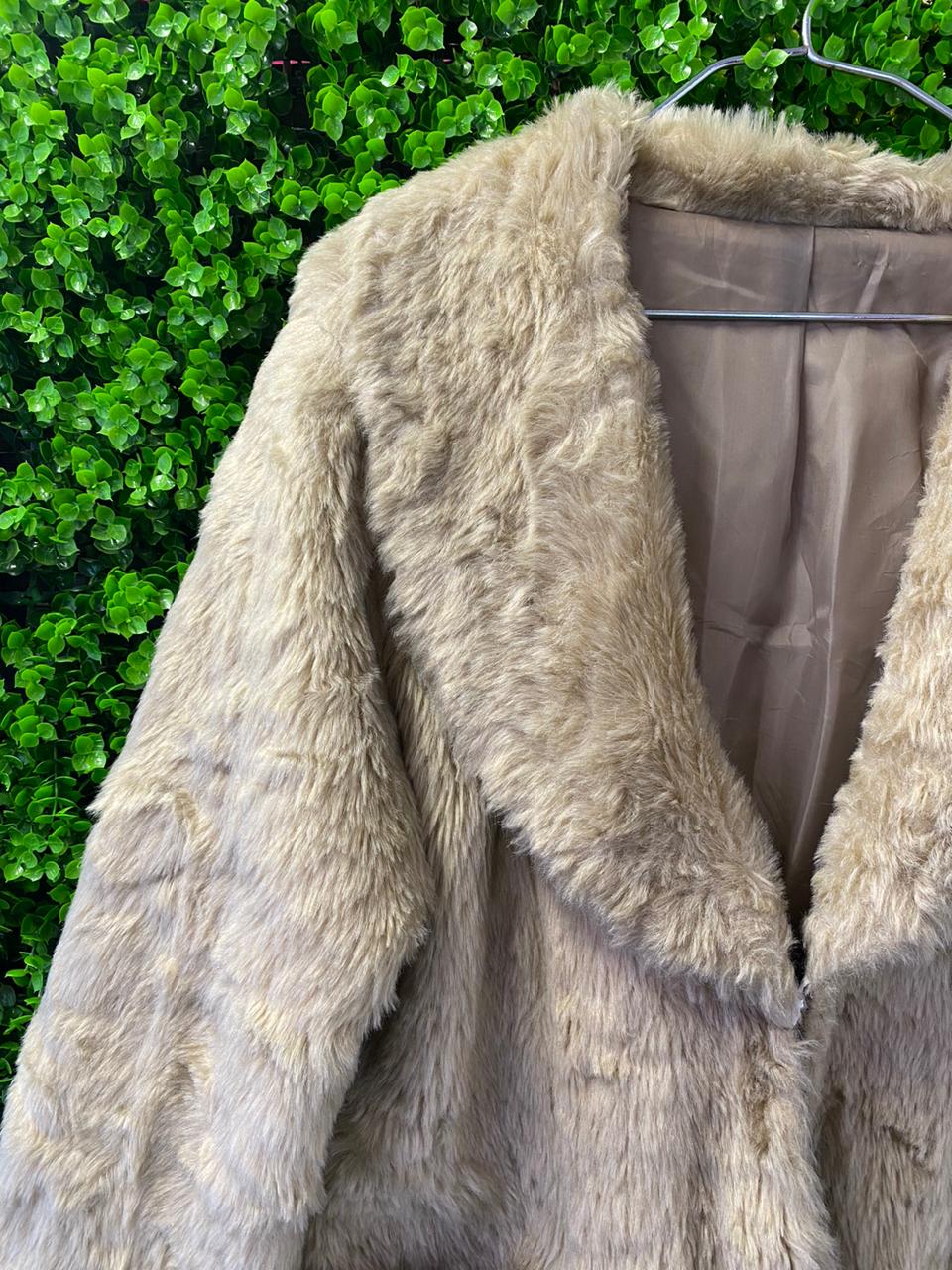 Cream Faux Fur Jacket with Chain Pocket Detail