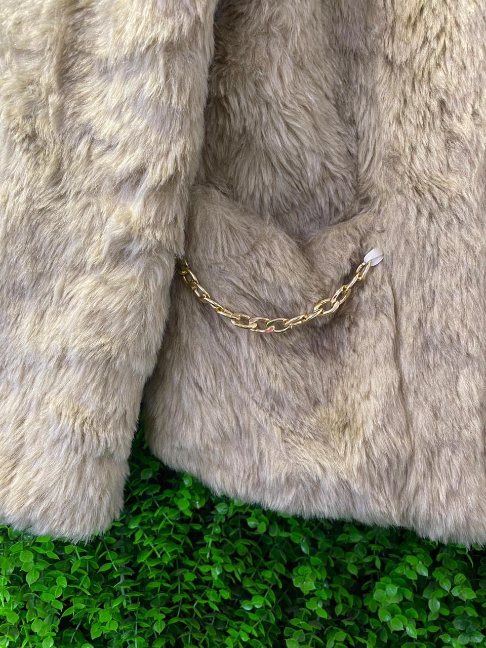 Cream Faux Fur Jacket with Chain Pocket Detail