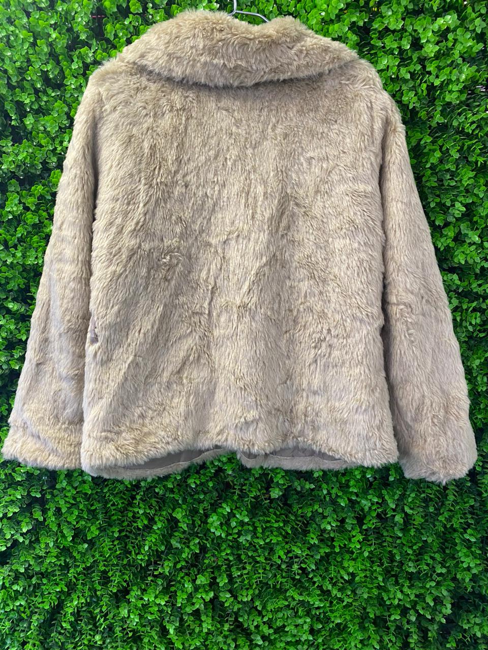 Cream Faux Fur Jacket with Chain Pocket Detail