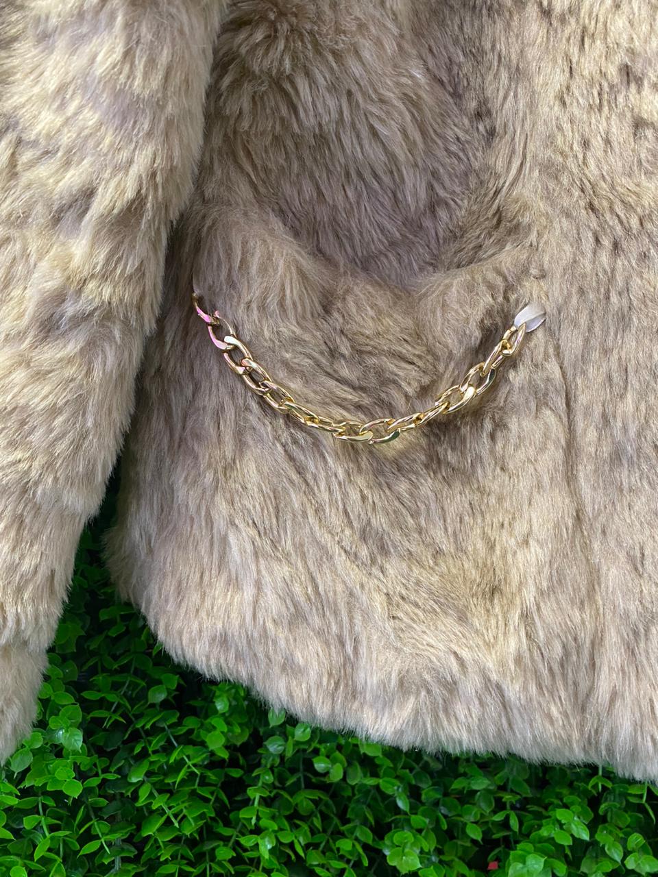 Cream Faux Fur Jacket with Chain Pocket Detail