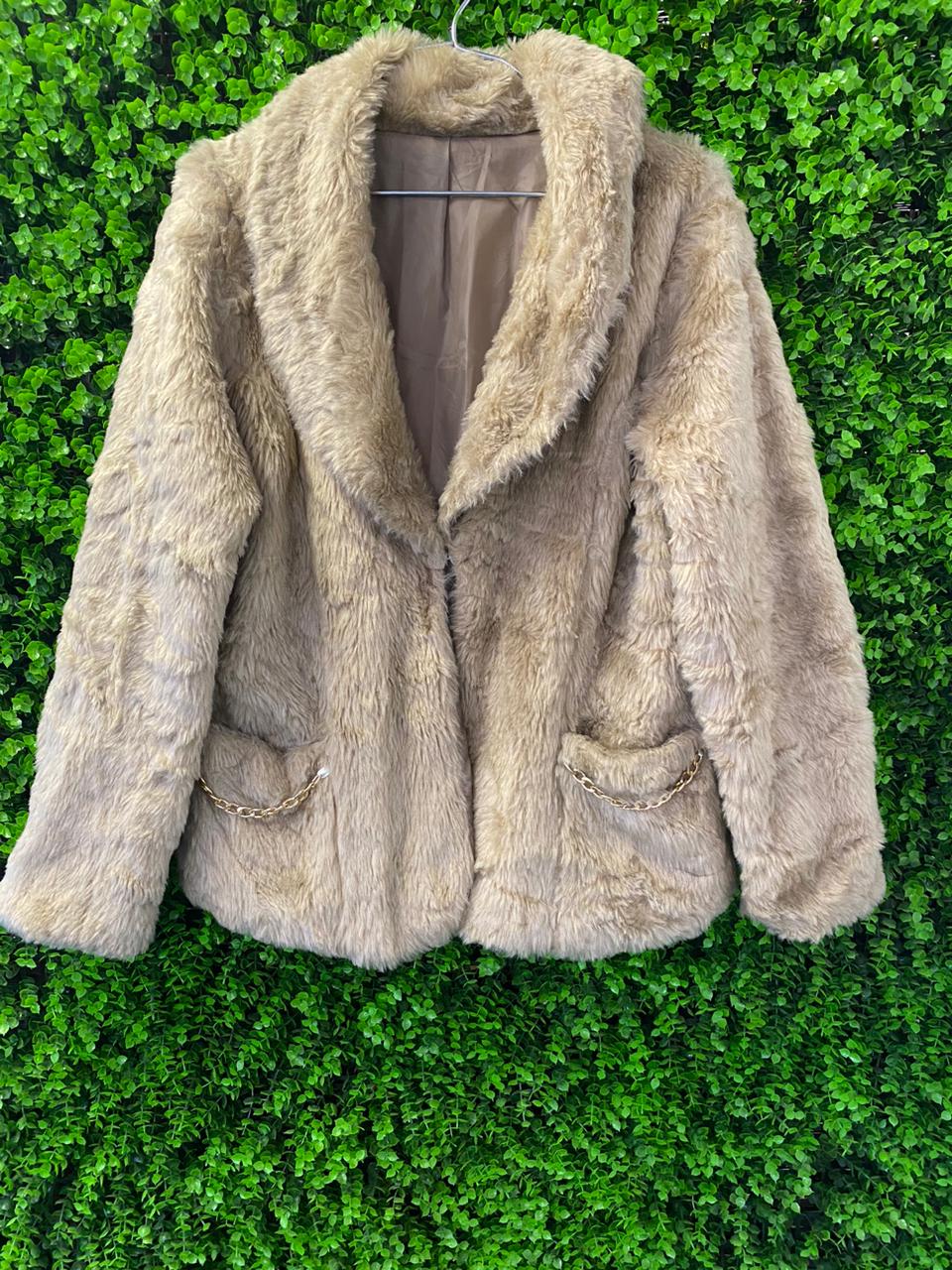 Cream Faux Fur Jacket with Chain Pocket Detail