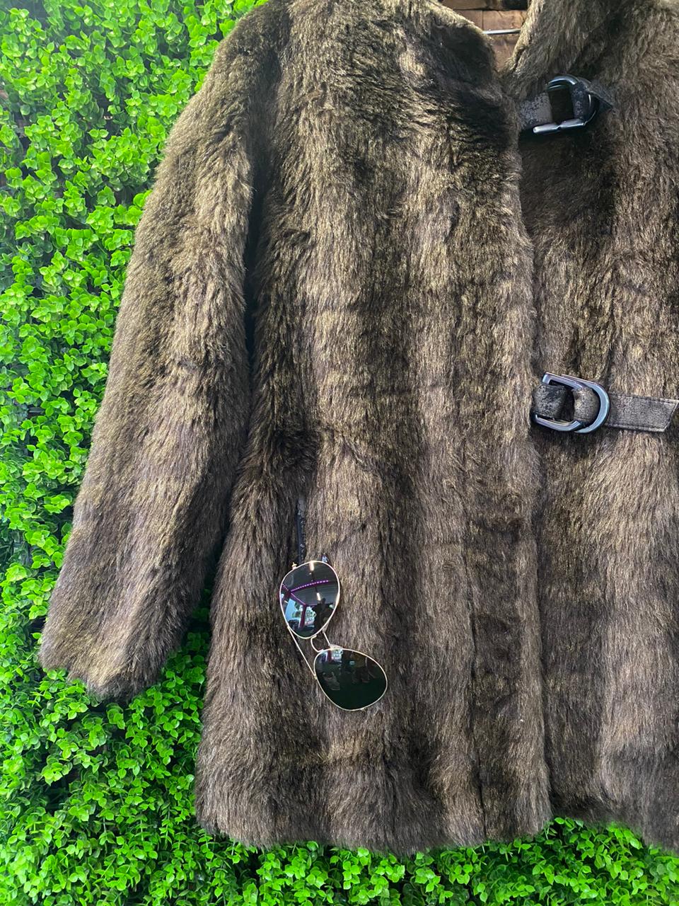 Dark Faux Fur Jacket with Buckle Fastening and Pockets
