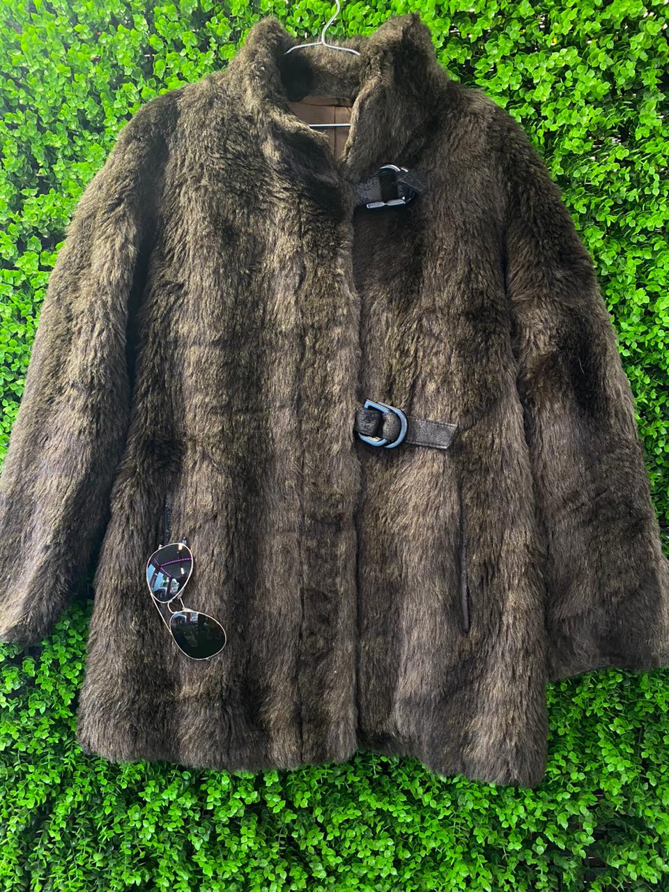 Dark Faux Fur Jacket with Buckle Fastening and Pockets