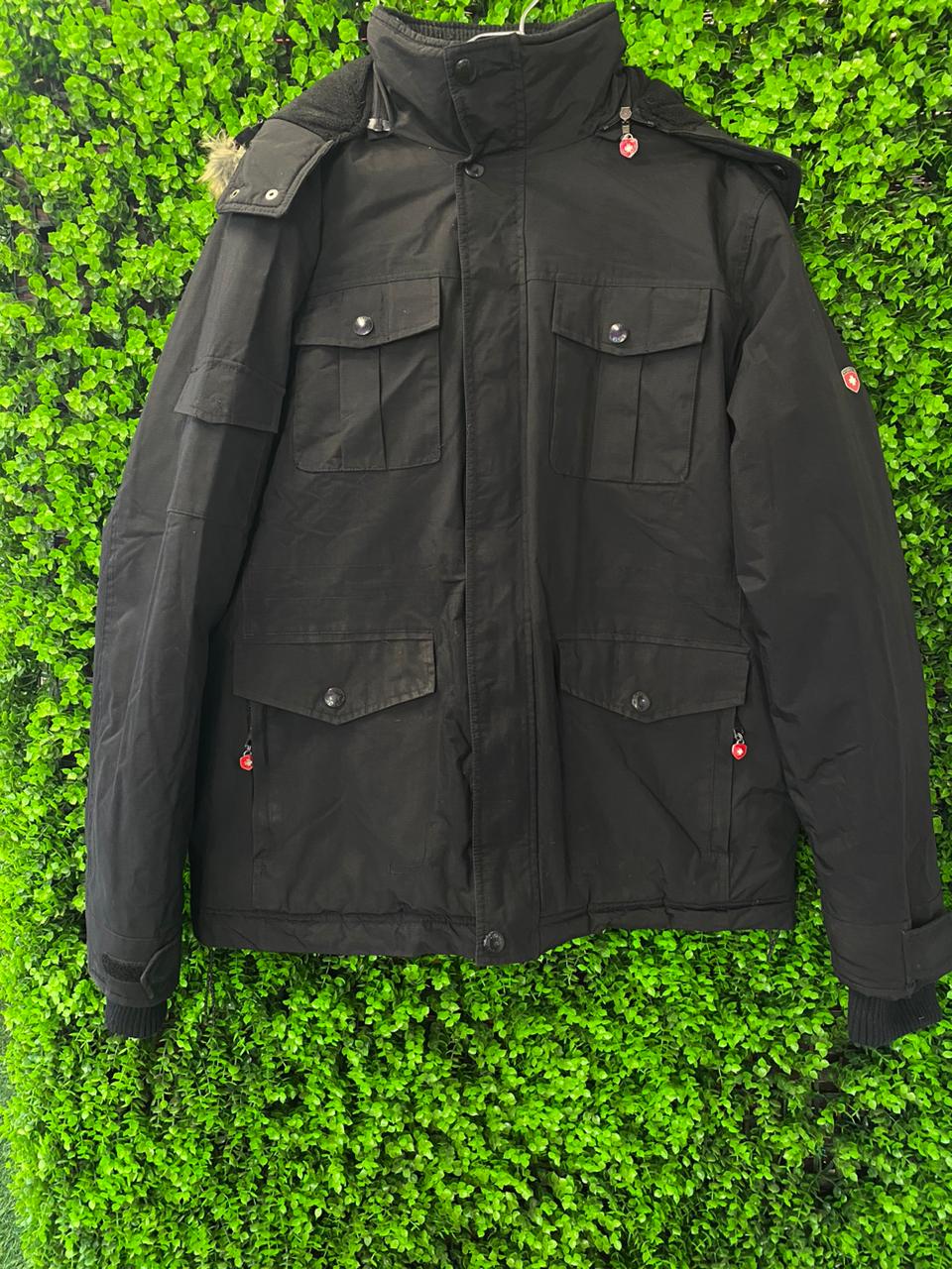 Black Utility Parka Jacket with Faux Fur Trim Hood